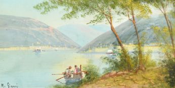 M. Gianni, Early 20th Century, an Italian lake scene with figures in a boat, gouache, signed, 5.