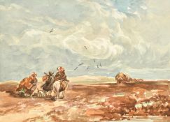 Circle of David Cox, wayfarers on a moorland path, 6.5" x 9" (17 x 23cm), along with three other