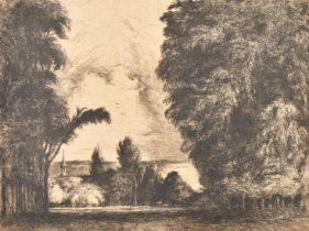 Julius Komjati (1894-1958), a landscape with changing skies, etching, signed and inscribed in