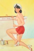 E. Hyde, Circa 1959, 'Saucy Sally', an female figure dressed only in red shorts decorating a boat,