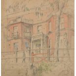 Guy Malet (1900-1973), figures outside a town house with bay windows, watercolour, 8.5" x 8.25" (