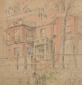 Guy Malet (1900-1973), figures outside a town house with bay windows, watercolour, 8.5" x 8.25" (
