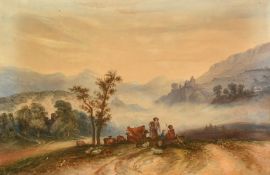 19th Century, wayfarers and livestock resting on a hillside path with buildings beyond, 13.5" x 20.