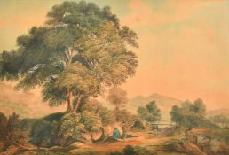 F. H. Jebb, Circa 1817, wayfarers resting on a path with a distant view beyond, watercolour,