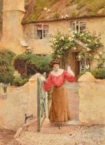 Harold Swanwick (1866-1929), a young female figure holding a white bird outside a country cottage