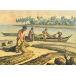 Mid-20th Century Malaysian School, a scene of fishermen sorting nets, watercolour, indistinctly