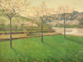 French School, Circa 1901, a view with trees in blossom, oil on canvas, indistinctly signed and