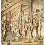 Harold Hope Read (1881-1959), colourful female figures in a crowded city street, watercolour, 10"