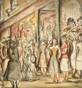 Harold Hope Read (1881-1959), colourful female figures in a crowded city street, watercolour, 10"