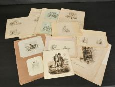 A collection of mostly 19th Century pen and ink sketches, some Irish subjects, unframed, (q).