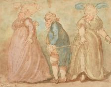 T. Rowlandson, Circa 1800, a humorous study of a gentleman and two ladies, watercolour, signed, 8.