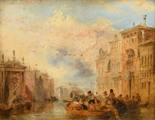 Attributed to Edward Pritchett (1808-1894), figures in boats along a Venetian canal, oil on board,