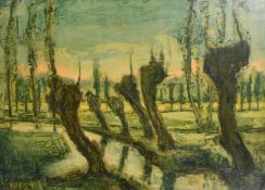 20th Century Continental School, a scene of pollarded trees along a riverbank, oil, indistinctly