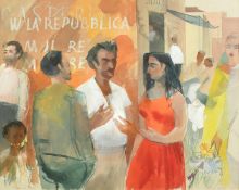 Frank Joseph Archer (1912-1995), 'Street in Roma', figures conversing in a busy city street,