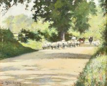 Isabella Wylie Lowe, Circa 1915, sheep being driven through dappled light on a country road,