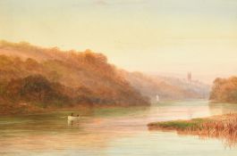 Arthur Henry Enock (1839-1917), river landscape with distant view of a church, though to be