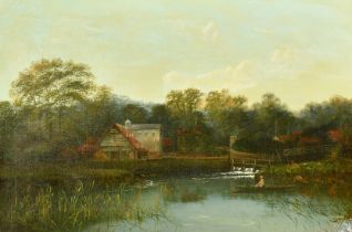 Circle of Boddington, figure in a boat by a weir with dwellings beyond, oil on canvas, 16" x 24" (40