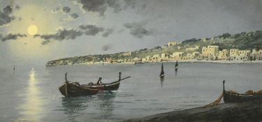 Italian School, Circa 1900, boat in a bay under moonlight, gouache, 4" x 8" (10 x 20cm), along