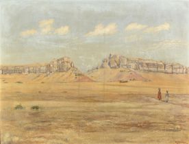 19th/20th Century, a scene of travellers carrying vessels on a desert pathway, oil on canvas laid
