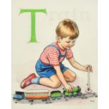 Hubert Williams (1905-1989), T for Train, scene of a young boy playing with a train set,