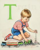 Hubert Williams (1905-1989), T for Train, scene of a young boy playing with a train set,