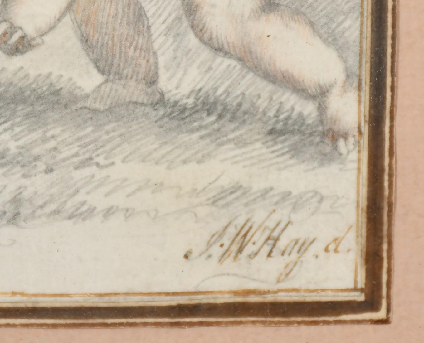 J. W. Hay, 19th Century, three cherubs playing, pencil and crayon, 6.25" x 6.25" (16 x 16cm). - Image 3 of 4