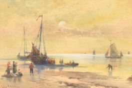 Charles Frederick Allbon (1856-1926), figures near moored boats at dusk, watercolour, signed, 3" x