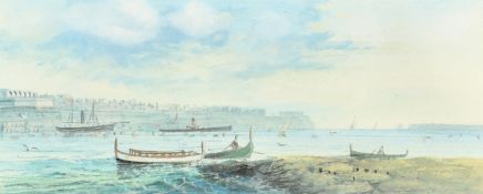Attributed to d'Esposito, shipping off the harbour in Malta, watercolour, 2.75" x 6.25" (7 x 16cm).