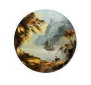 19th Century, a circular oil of a boat moored in an inlet with a reverse painted convex glass