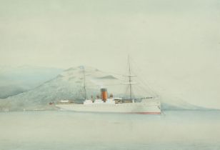 British School, Circa 1890, A Castle Line Ship moored off a headland, inscribed verso 'Off