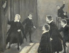 Percy Tarrant (1855-1934), 'The Judge's Debt', oil on board, en grisaille, 5" x 6" (13 x 15cm).