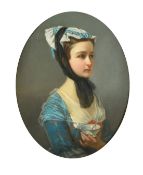 Mid-19th Century French School, a head and shoulders portrait of a female figure holding a blue