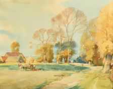 Frank Sherwin (1896-1985), figures working fields with a horse and cart, watercolour, signed, 15"