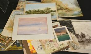 A collection of unframed watercolours and drawings, mostly 20th Century, various subjects, (q).