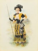 H. C. Rowley, Circa 1892, an elegant lady in elaborate costume holding a staff, watercolour,