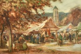 Thomas William Morley (1859-1925), figures in a busy Continental market, watercolour, signed, 11"