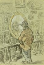 Emile Alder (1870-1933), a male figure in a curiosity shop, signed and dated 1915, 13.5" x 9.5" (