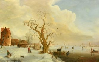 Late 19th Century Dutch School, figures skating on a frozen waterway with windmills and a church