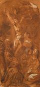 Manner of J. B. Jackson, the crucifixion, sepia wash heightened with white and red, 16.5" x 7.5" (42