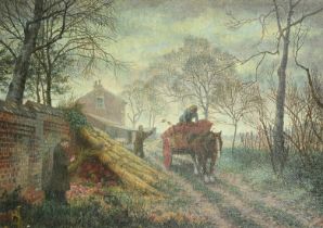 English School, Circa 1930, figures gathering turnips into a horse and cart under moonlight, oil