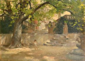 Henry Lintott (1877-1965), 'Goatherd in Provence', a young child and a goat by the steps of a French