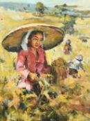 I. Fantze / Fantje (1931-2002) Indonesian, female figures harvesting in a field, oil on canvas,