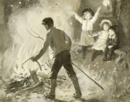 Percy Tarrant (1855-1934), 'A bonfire', oil on board, en grisaille, 5" x 6" (13 x 15cm).