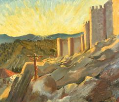 Mid-20th Century, a scene of a Spanish walled city with a figure on a crucifix, oil on board, signed