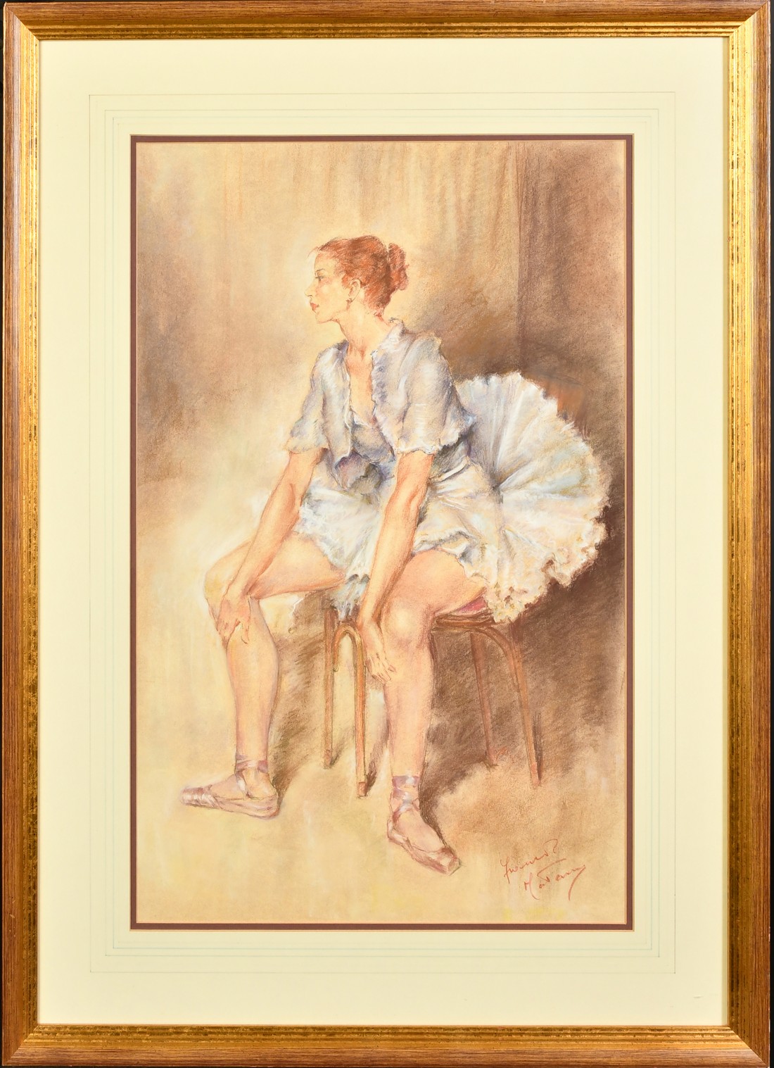F. Matania, 20th Century, a resting elegant ballerina, pastel, signed, 22" x 14" (56 x 36cm). - Image 2 of 4
