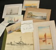 A collection of fourteen unframed watercolours and drawings of mostly maritime subjects, (14).