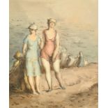 Harold Hope Read (1881-1959), female bathers by the sea with figures in deckchairs, watercolour,