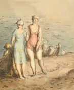Harold Hope Read (1881-1959), female bathers by the sea with figures in deckchairs, watercolour,