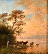 Heinrich Heinlein (1803-1885), female figures with livestock by a lake at dusk, oil on panel,