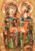 Bulgarian School, late 20th Century, two holy figures, mixed media, signed with initials and dated